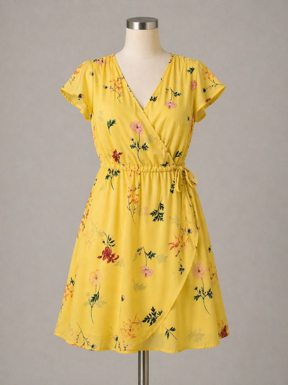 Sweet Rain Yellow Floral Surplice Dress Size L Cottagecore Summer Romantic Party